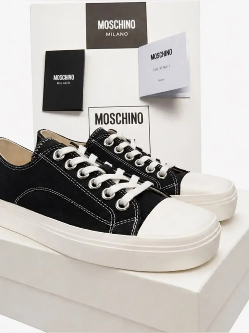 Moschino Couture Milano Platform Sneakers Black Canvas Low Top NIB $560 Size 37